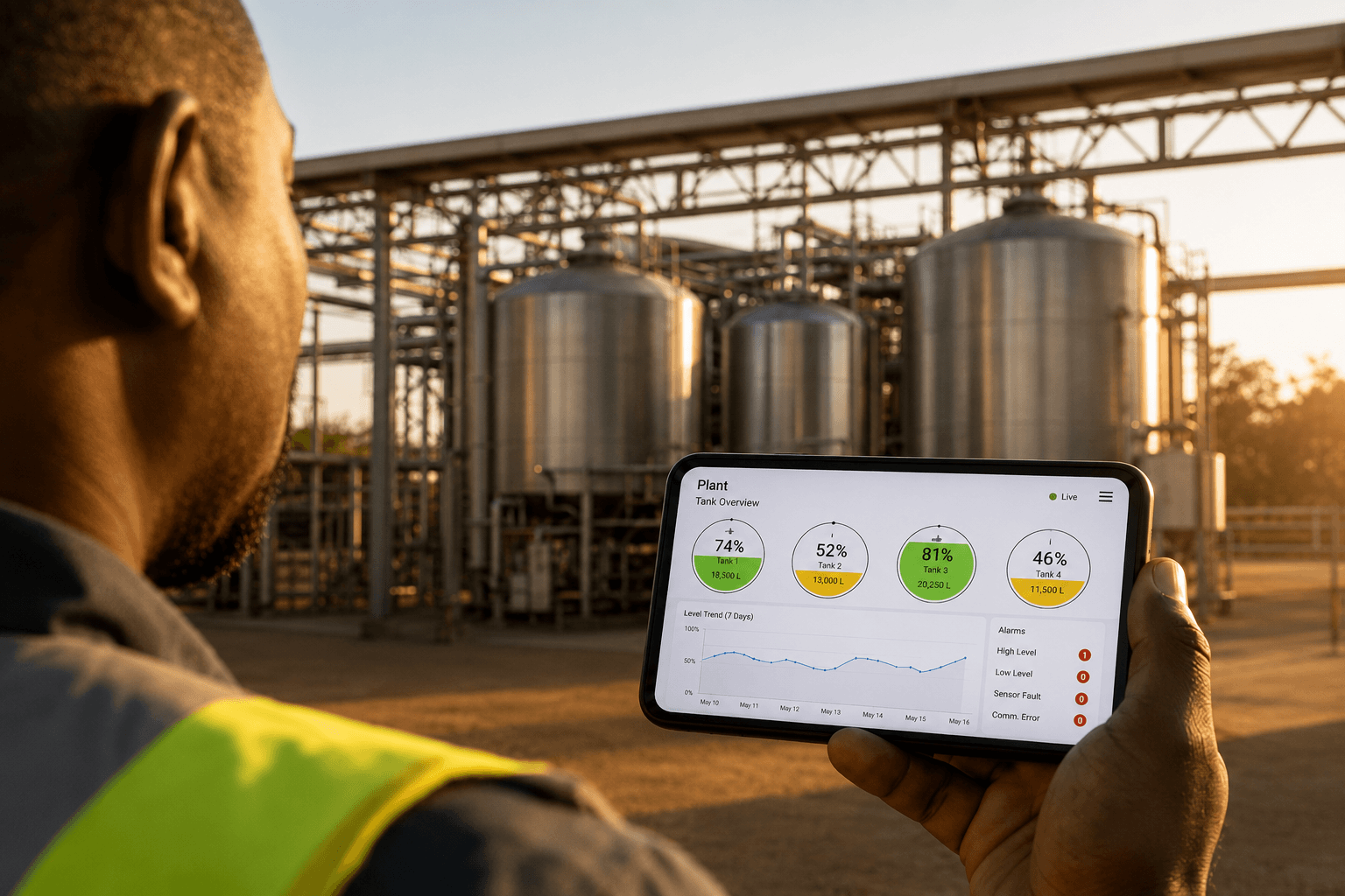 Plant manager reviewing a live tank-monitoring dashboard on a tablet outside a Kenyan industrial plant